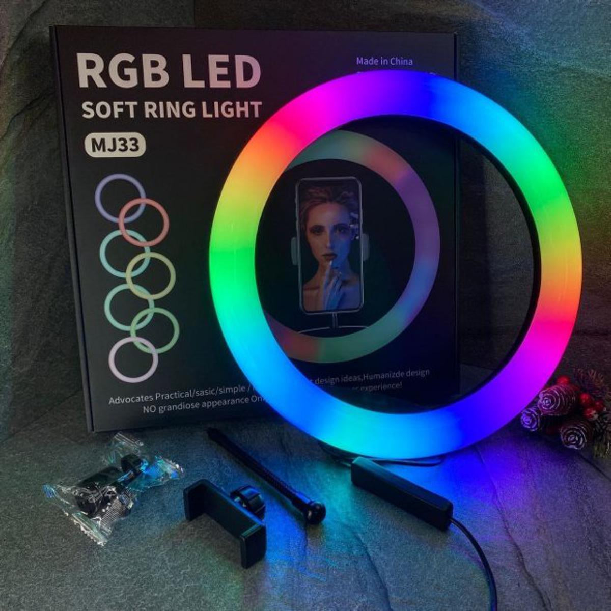 MJ33 13" RGB LED Ring Light – Multi-Color Rainbow & Off-White Light with Phone Clip (Without Stand) - Binnoor Collection