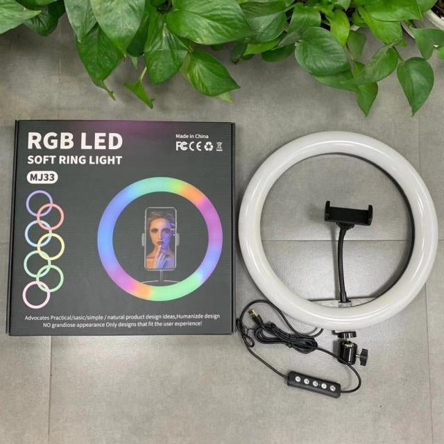 MJ33 13" RGB LED Ring Light – Multi-Color Rainbow & Off-White Light with Phone Clip (Without Stand) - Binnoor Collection