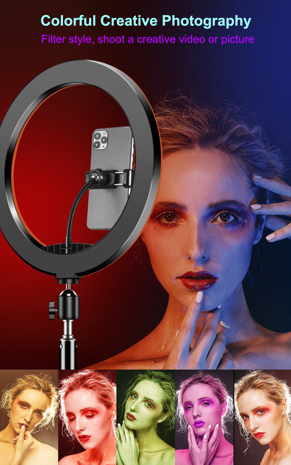 MJ33 13" RGB LED Ring Light – Multi-Color Rainbow & Off-White Light with Phone Clip (Without Stand) - Binnoor Collection