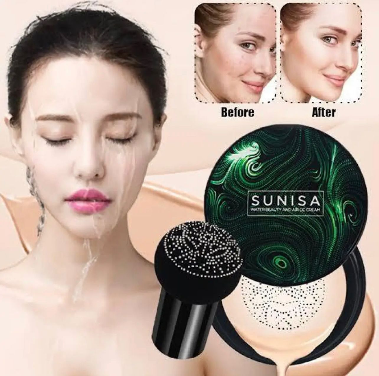 TYAGEN-II Sunisa 3 in 1 CC and BB Water Proof Foundation Concealer Cream with Air Cushion Mushroom - Binnoor Collection