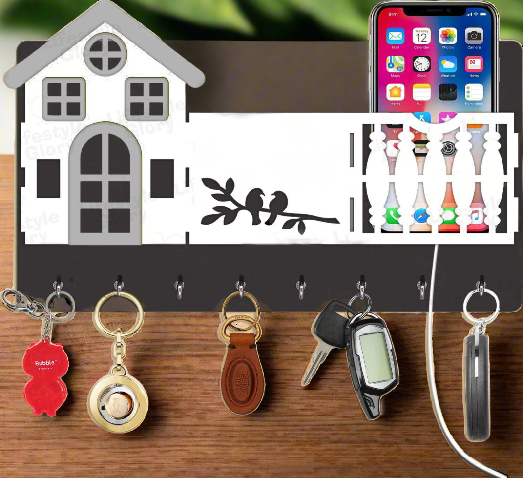 Mobile & key 3D Home Design With Sparrow Engraving Wooden Key Holder - Binnoor Collection