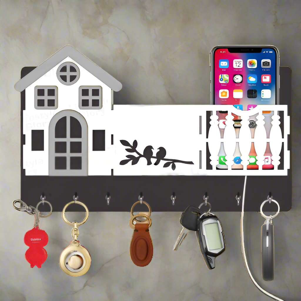 Mobile & key 3D Home Design With Sparrow Engraving Wooden Key Holder - Binnoor Collection