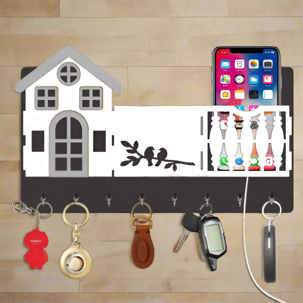 Mobile & key 3D Home Design With Sparrow Engraving Wooden Key Holder - Binnoor Collection