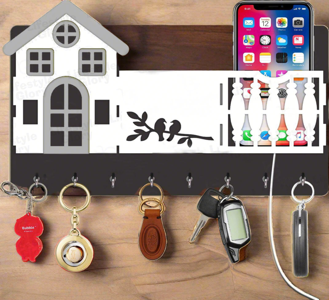 Mobile & key 3D Home Design With Sparrow Engraving Wooden Key Holder - Binnoor Collection