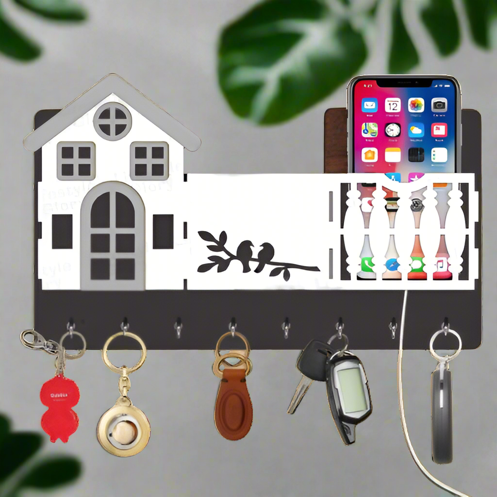Mobile & key 3D Home Design With Sparrow Engraving Wooden Key Holder - Binnoor Collection