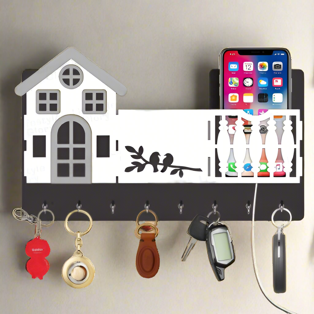 Mobile & key 3D Home Design With Sparrow Engraving Wooden Key Holder - Binnoor Collection