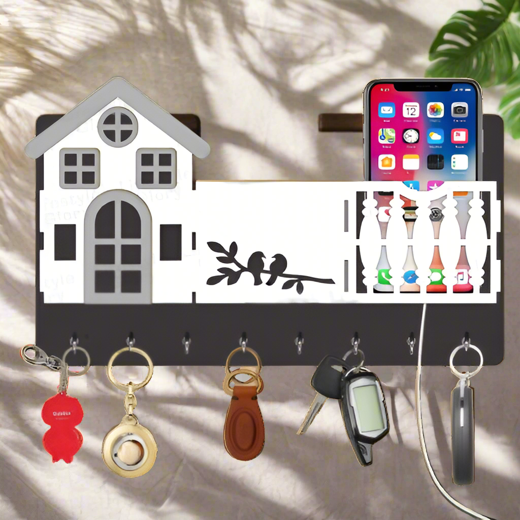 Mobile & key 3D Home Design With Sparrow Engraving Wooden Key Holder - Binnoor Collection