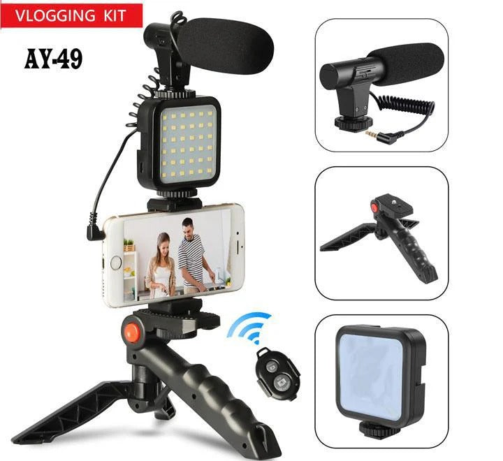 AY 49 All-in-One Video Creation Kit – Tripod, Microphone, LED Light, and Mobile Holder for Perfect Vlogs" - Binnoor Collection