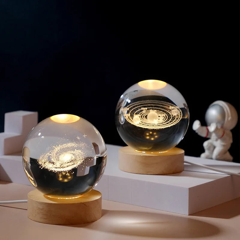 3D Galaxy Crystal Ball Night Light – Astronaut, Moon & Planet Glow Lamp - Binnoor Collection