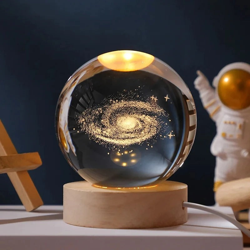 3D Galaxy Crystal Ball Night Light – Astronaut, Moon & Planet Glow Lamp - Binnoor Collection